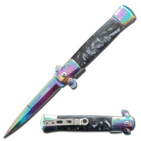 5" Closed Rainbow Blade Stiletto Style Spring Assist Knife Black Handle