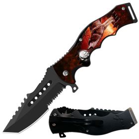 8.5" Tactical Wolf Howling Spring Assisted Folding Open Pocket Knife Cleaver Blade