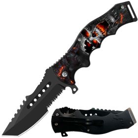 8.5" Tactical Flame Skull Spring Assisted Folding Open Pocket Knife Cleaver Blade