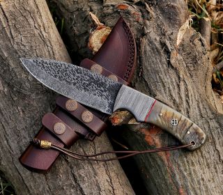 Custom Handmade Hammered Damascus Steel Hunting Skinning Knife