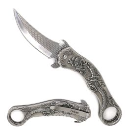 Silver Dragon Sculpture 8.25â€ Karambit Tactical Spring Assisted Folding Pocket Knife