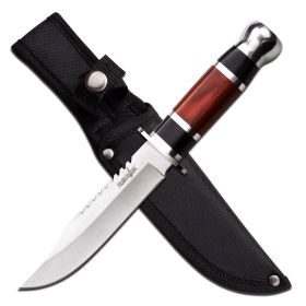 10.5" Fixed Blade Wood Handle Serrated Clip Point Hunting Knife