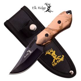 Fixed Blade Hunting Knife 6" Full Tang Black Blade Camo Handle Skinner