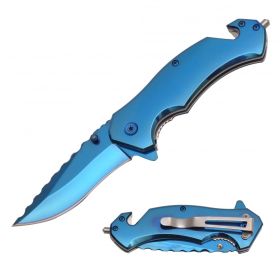 8" Blue Titanium Spring Assisted Rescue Tactical Folding Knife