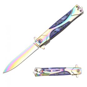 Rainbow Stiletto Style Spring Assisted Knife - Blue Pearl Handle