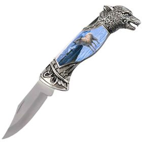 8" Overall Wolf Head Lockback Folding Pocket Knife in a Gift Box Style-9